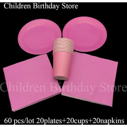 60pcs/lot plain color disposable party tableware sets pink theme plates cups napkins pink theme party sets for 20 people