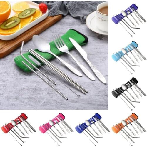 7Pcs/Set Portable Outdoor Stainless Steel Spoon Fork Chopsticks Straws Cutlery