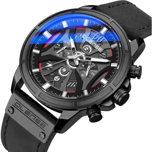 OLENSE 9010M-1 Leather Men Watches Japanese Quartz Movement Sport Watches for Men Chronograph Luminous Hands Date Tool Box 2021