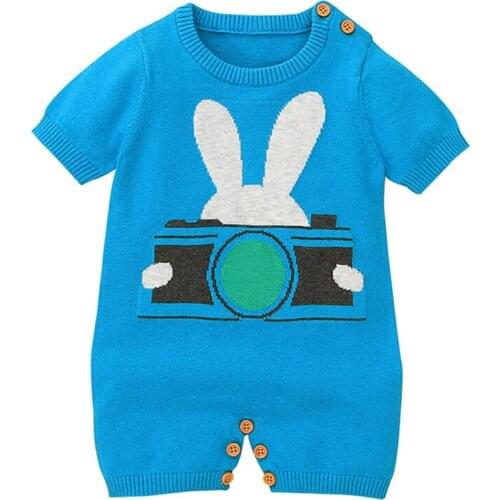 Baby Rompers Summer Knitted Baby Girl Jumpsuit Clothes Blue Short Sleeved Cartoon Newborn Boy Overalls Children Costume