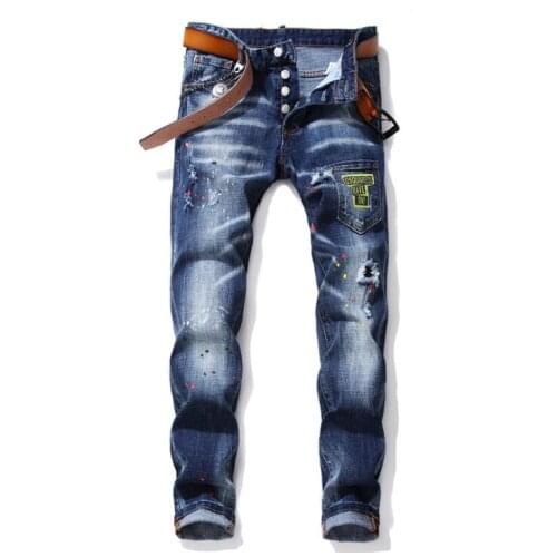 New Mens Skinny Jeans With Ripped Holes And elastic Paint Spray Blue Stitching Beggar Pants streetwear men