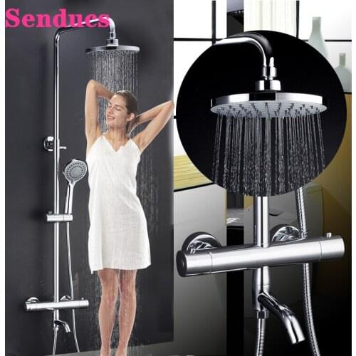 ChromeThermostatic Bathroom Shower System HUNNISE 8 Inch Rainfall Shower Head Wall Mounted Bathroom Thermostatic Shower Set