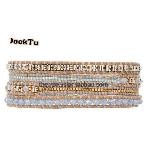 2017 blue crystal with seed beads alloy parts 5 wrap leather bracelet