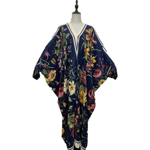 الأوروبية الملابس Kuwait Traditional Bohemian Silk Lady Maxi dress Batwing Sleeve Floral Summer Beach V-neck Party kaftan dress