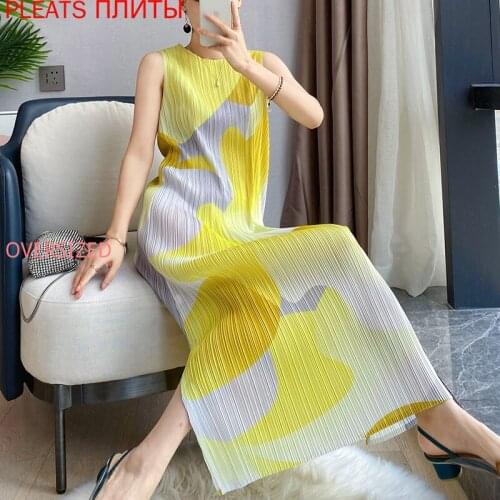Miyake Pleated Printed Dress Over the Knee Long Dress Fashion Straight Sleeveless Vest Pleated Elegant Vestido Women-clothing
