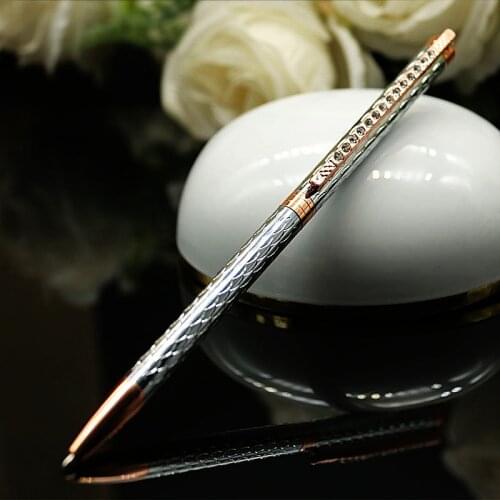 Fashion Crystal Clip Ballpoint Pen Women Luxury Rhinestone Inlay Point 0.5mm Metal Silver Ball Pen School Office Stationry