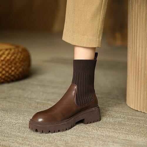 Fashion Autumn Winter Stretch Knitting Sock Boots Women Round Toe Slip On Platform Block Heels Ankle Boots Woman New 2021 Shoes