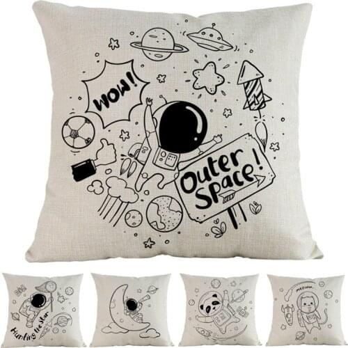 Cartoon Funny Cute Astronaut Spaceship Panda Spaceman Moon Pillow Case Home Sofa Kids Children Room Decorative Cushion Cover