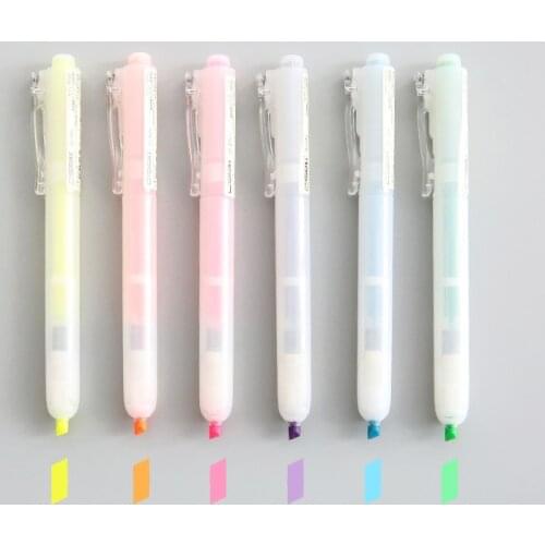 6 pcs Knock type color highlighter pen set Fluorescent marker pens Non-toxic Stationary Office accessories School supplies