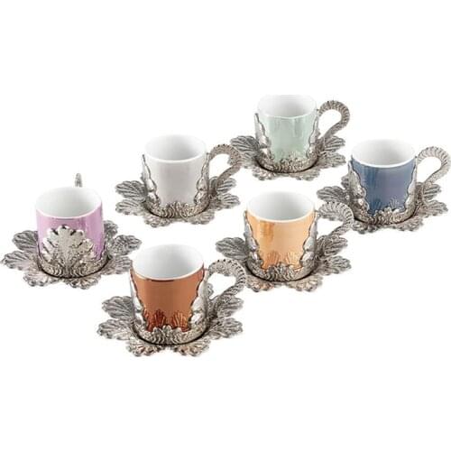 Set 6 Person Turkish Greek Arabic Coffee Espresso Cup Saucer Cup Holder Gold Silver Mix Color High Quality Zamac and Porcelain