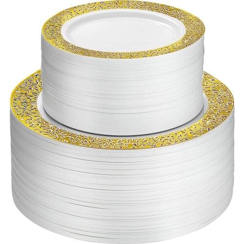 20 Pieces of Disposable Tableware 7.5in and 10.25in Gold and Silver Rose Gold Hollow Lace Design Wedding Party Plastic Tray