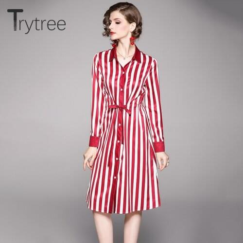 Trytree 2020 Autumn Women Dresses Casual Dress Turn-down Collar Single Breasted Belt Drawstring Stripe Knee-Length A-line Dress