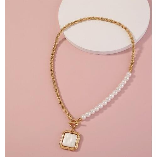 Gothic Baroque Pearl Geometric Square Pendant Choker Necklace for Women Wedding Punk Gold Color Necklace Jewelry