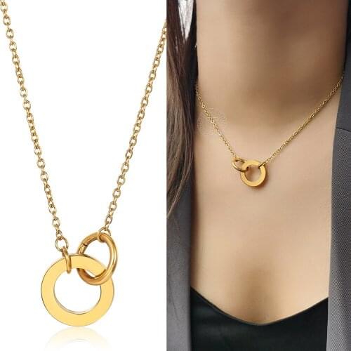 Circle Pendant Necklace For Women Chic Gold Color Stainless Steel Double Round Cable Rolo Link Chain Fashion Jewelry Gift LDN258