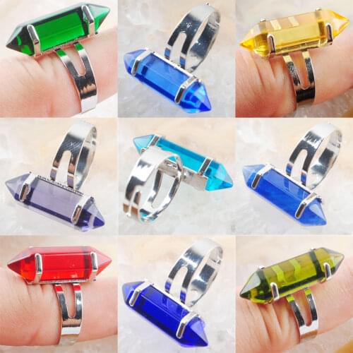 Adjustable Finger Ring Yellow Green Red Dark Blue Quartz Hexagonal Healing Reiki Chakra Beads Ring 20mm (0.8") 1Pcs IBX304