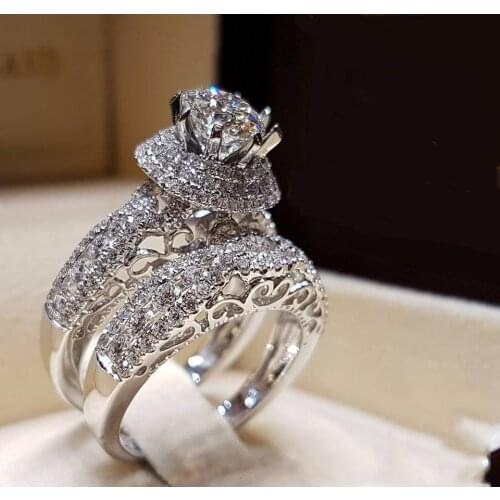 Romantic 2PCS Couple Ring Set 925 sterling silverfilled Stamp AAA Cubic Zirconia Women Engagement Rings Wedding Jewelry