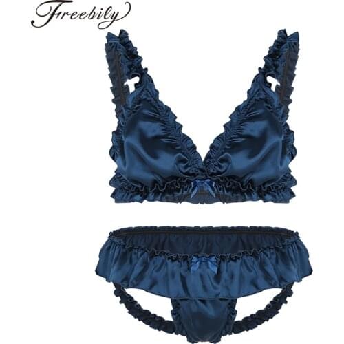 Sexy Mens Lingerie Outfits Sissy Soft Satin Elastic Frilly Ruffled Lingerie Set Bikini Bra Top with Open Back G-string Underwear
