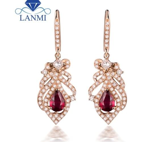 Earrings For Women Natural Pear 4x6mm Ruby Gemstone Earings 18K Rose Gold Genuine Diamonds Female Party Ornament Gift Jewelry