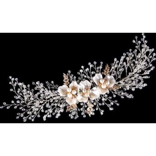 SLBRIDAL Handmade Wired Crystal Rhinestone Pearls Flower Wedding Hair accessories Hair Vine Hairband Bridal Headband Bridesmaids