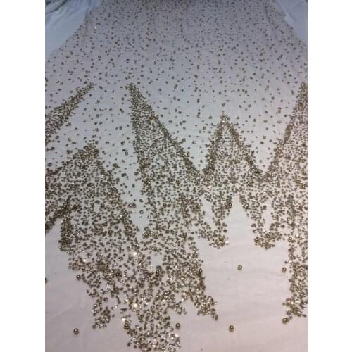 Ap224 # 5 yards champagne gold pearls sparkly lovely print glued glitter tulle mesh sugar bridal lace fabric for sawing dress