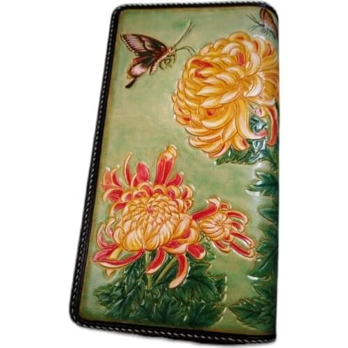 High-end Handmade Genuine Leather Butterfly Chrysanthemum Wallets Purses Men Long Clutch Vegetable Tanned Leather Card Holder