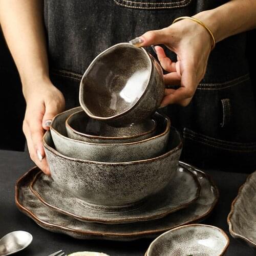Japanese Ceramic Irregular Stone Grain Rice Noodle Salad Bowl Retro Dinner Plate Dessert Steak Pasta Dishes Kitchen Tableware