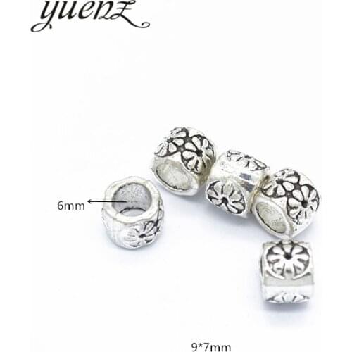 YuenZ 10pcs DIY Round flower Beads Charms For Jewelry Making Antique Silver color Big Hole Spacers Beads Charm 9*7mm R34