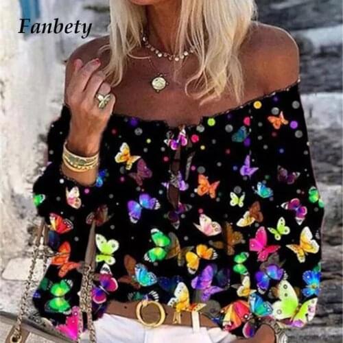 Chic Sexy Off Shoulder Boho Blouse Shirts Summer Butterfly Print Women Shirt Tops 2020 Spring Elegant Flare Sleeve Shirt Blusas