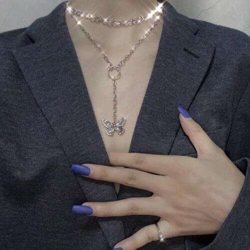 Fashion Hip Hop Style Double Layer Butterfly Pendant For Women Silver Color Necklaces Party Jewelry Accessories Gifts