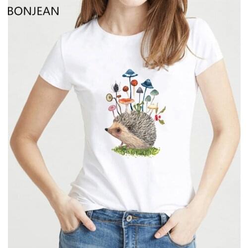 Women clothes 2019 cute butterfly mushrooms Hedgehog t shirt femme white summer top female animal print tshirt drop shipping