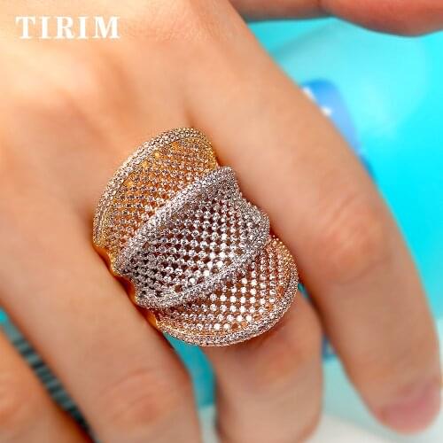 TIRIM Luxury Cubic Zircon Big Finger Ring for Women Mesh Aperture Double-deck Dubai Womens Wedding Prom Rings Fashion Charm
