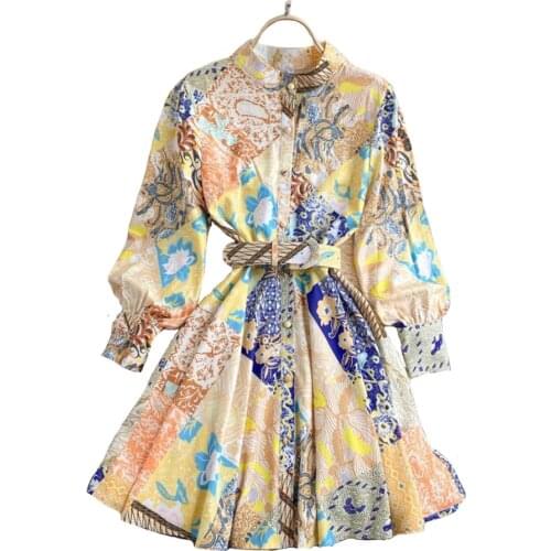 2021 Women Dress Retro Printing Palace Style Long-Sleeved High Waist Dress Ladies Temperament Stand-up Collar Slim Short Dresses