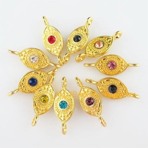 20 New Eyes Charms Gold Color Retro Flower Mixed Crystal Connectors 8.5x23.5mm