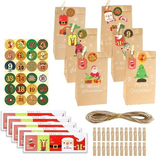 24 Set Christmas Advent Calendar Bags 24 Days Calendar Kraft Bags Xmas Party Bags For Christmas Decorations (Multicolor)