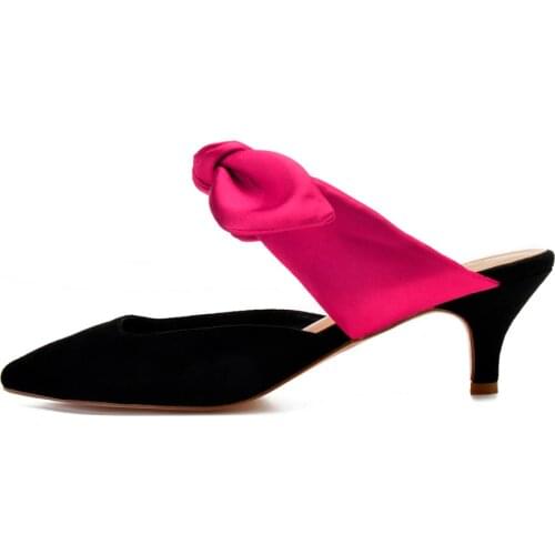 Creativesugar lady Mules lower spike heel with tie bow satin evening dress shoes mixed two colors wedding party heels slippers