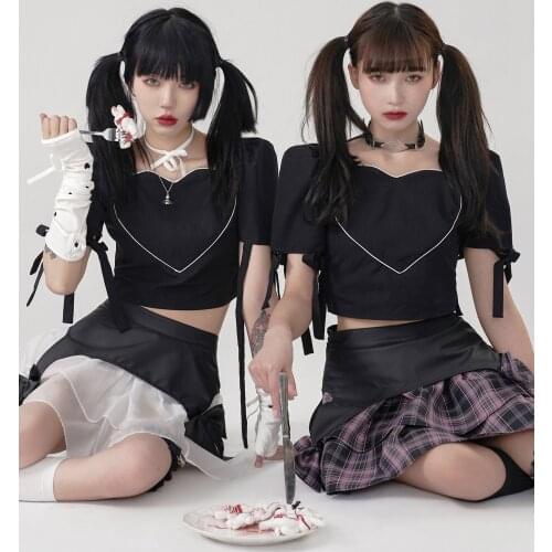 Gothic Harajuku Hot Girl Rock Black Long Sleeve Bandage Splicing Fashion Punk Navel Revealing Kawaii Cool Girl Top New