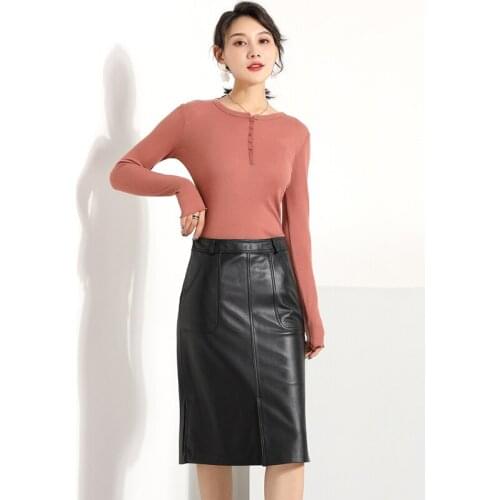 Black Solid Genuien Leather Elegant Midi Skirt Women 2020 Autumn Winter High Waist Office Ladies A Line Flared Sheepskin Skirts