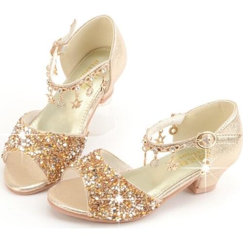 Princess Kids Leather Shoes for Girls Casual Glitter Children High Heel Girls Shoes gold Pink Silver kids sandals
