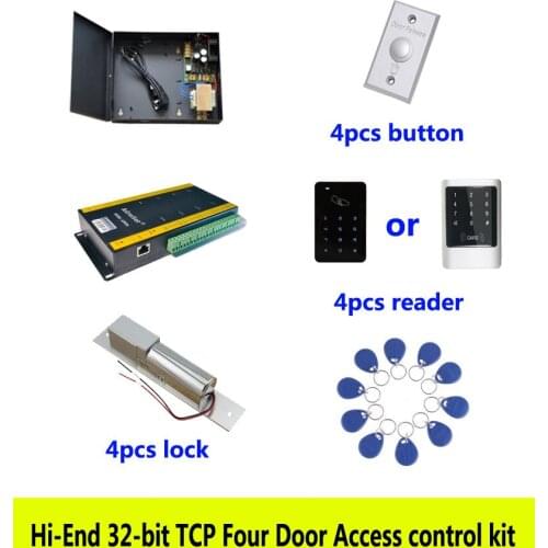 Hi-end 32-bit access control kit,TCP/IP four door +powercase+bolt lock +ID touch keypad reader+button+10 ID tags,sn:kit-AT402