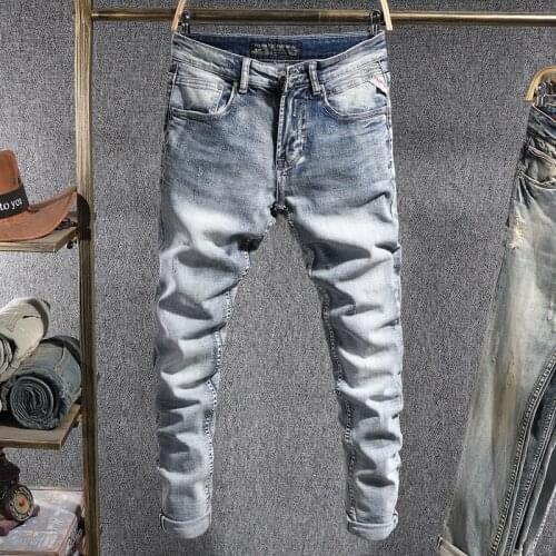 Italian Style Fashion Men Jeans Retro Light Blue Elastic Slim Fit Casual Denim Pants High Quality Vintage Designer Long Trousers