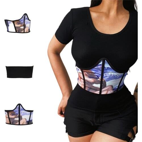 2021 New Womens Bustier Crop Tops, Vintage Printed Elastic Waist Cinch Belt Boned Corsets
