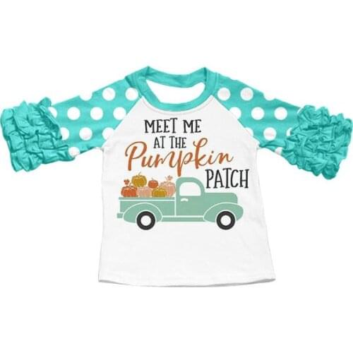 Wholesale/retail truck baby girls long sleeve blue dotted kids meet me at the pumpkin patch t-shirts childrens clothing gxj