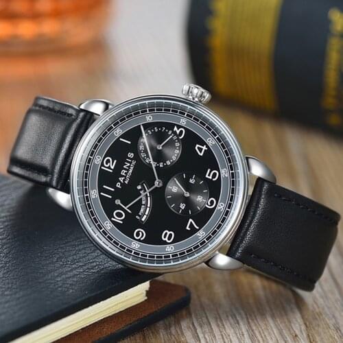 PARNIS Classic Black Self Winding Men Watch 42mm Power Reserve Date Indicator Round Case Leather Strap