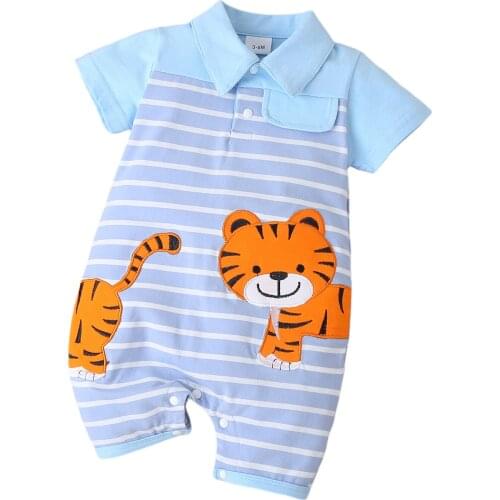 New Cute Baby Boy Cartoon Tiger Print Striped Rompers Summer Turn-Down Collar Short Sleeves Jumpsuits for Infant Boys 3-18 M