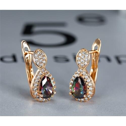 Water Drop Multicolor Crystal Hoop Earrings Trendy Female Aqua Blue Zircon Earrings Dainty Gold Color Wedding Earrings For Women