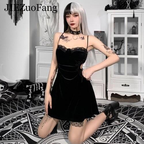 JIEZuoFang 2021 Sexy Black Lace Mini Dresses Gothic Flock Hollow Outs High Waist Night Club Female Dress Party Cosplay Drop Ship