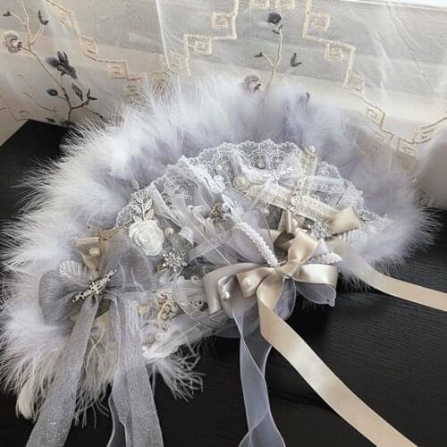 Sweet Lolita Lace Bowknot Pearl Rose Flower Feather Folding Hand Fan Wedding Bride Party Decoration Gift Handmade Folding Fan