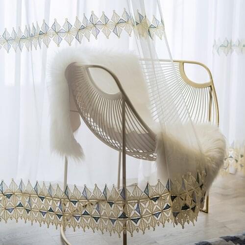 Modern Blue Yellow Embroidered Tulle Curtains for Living Room Bedroom Window Screens Hollow Rhombus Lace Sheer