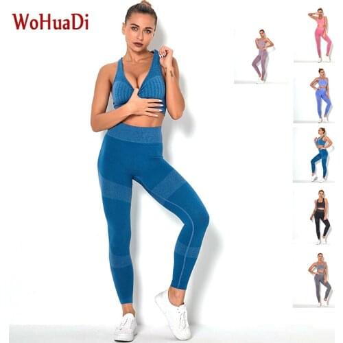 WOHUADI Stripe Seamless Bra Set Sportswear Gym Sports Yoga Women Clothing Fitness Wear Workout High Waist Legging Two Piece Suit
