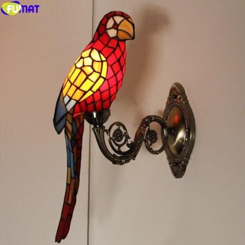 FUMAT Parrot Mirror Wall Lamp Decorative Lights Aisle Tiffany Lamp Stained Glass Handicraft Art Multi Color Bedstand Lighting